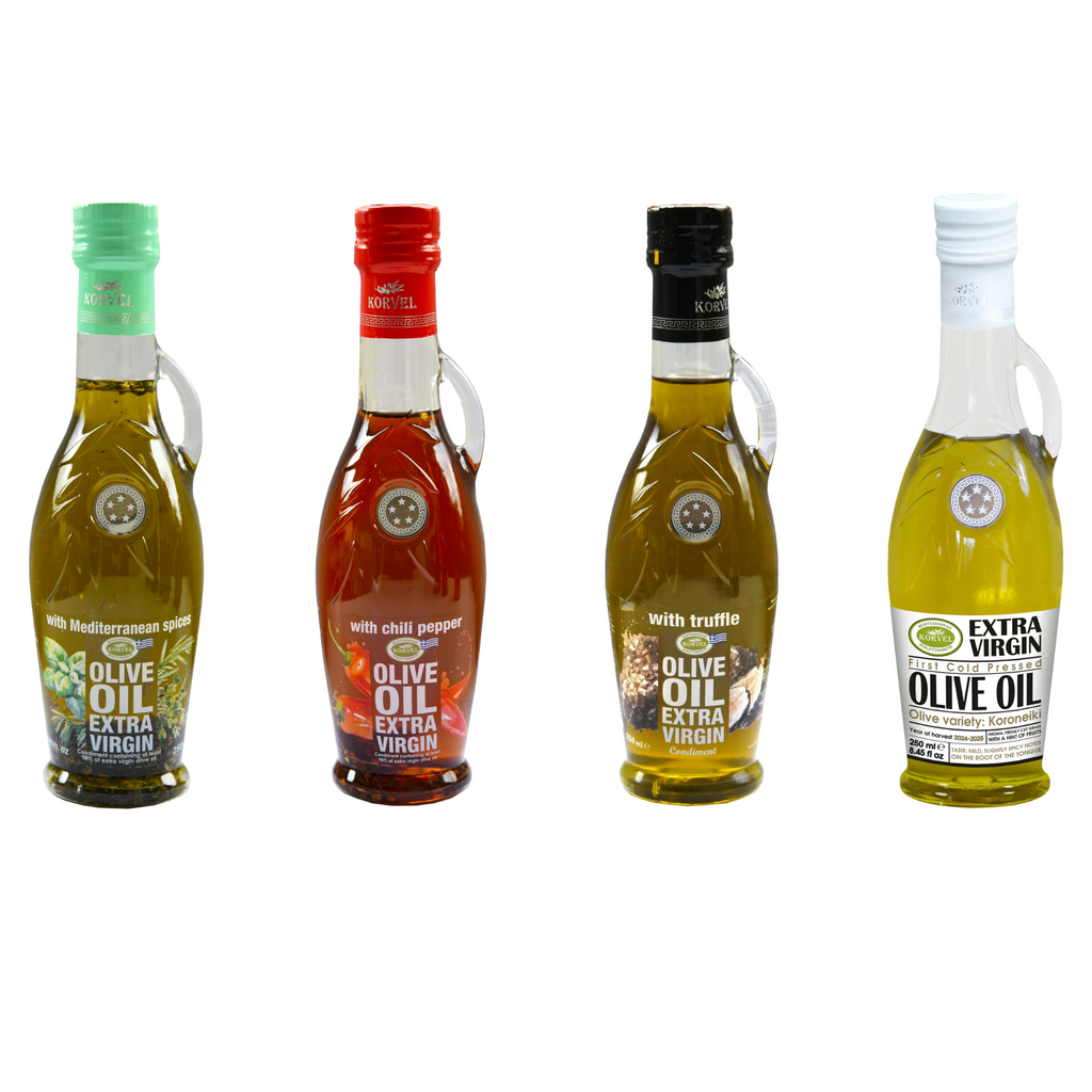 KORVEL Greek Olive Oil Set - 4 Flavors in Elegant Bottles