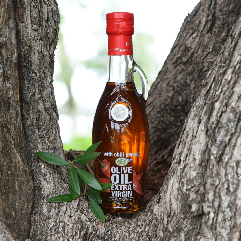KORVEL Greek Extra Virgin Olive Oil with Chili Pepper - 8.45 fl oz (250ml) - 6 Pack