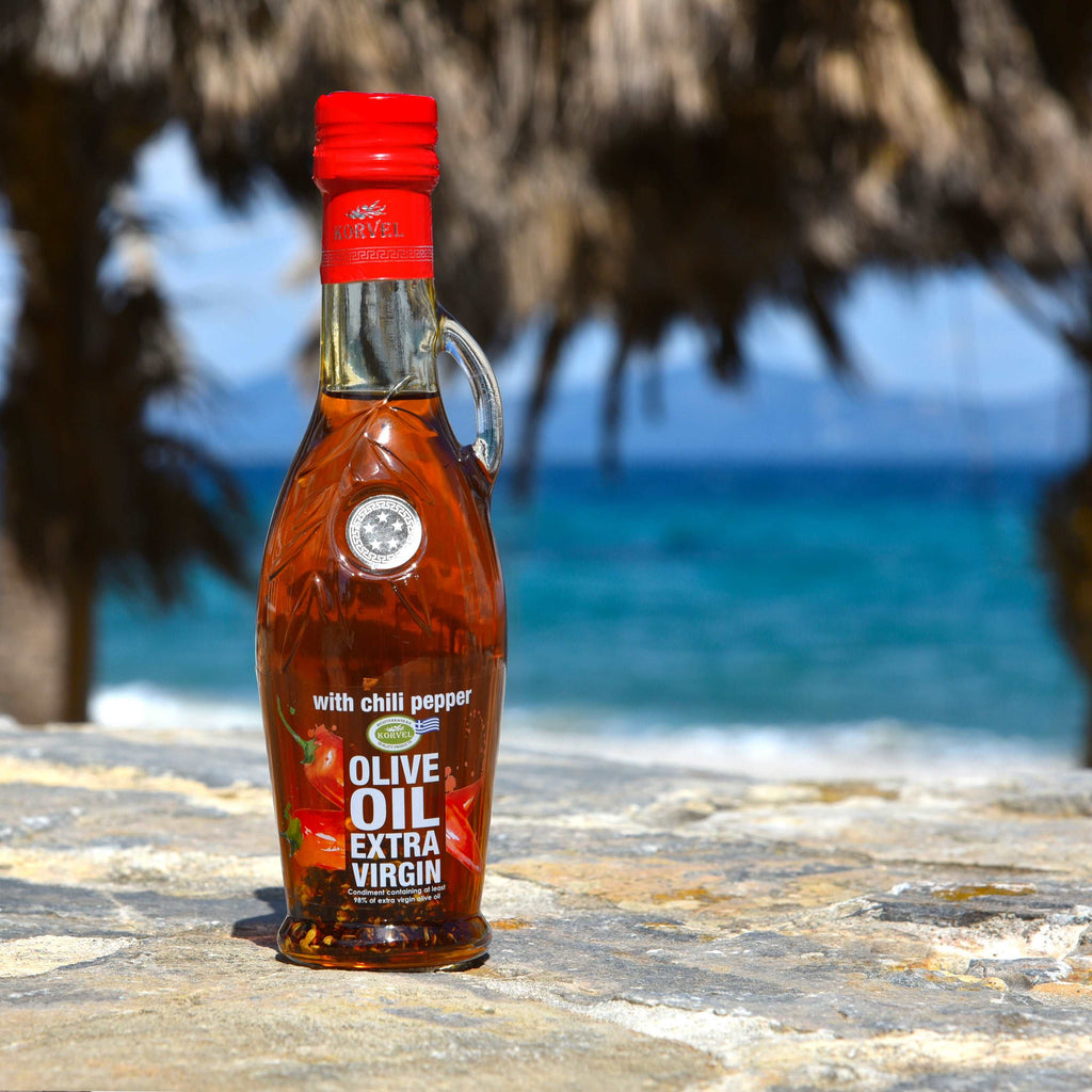 KORVEL Greek Extra Virgin Olive Oil with Chili Pepper - 8.45 fl oz (250ml) - 6 Pack