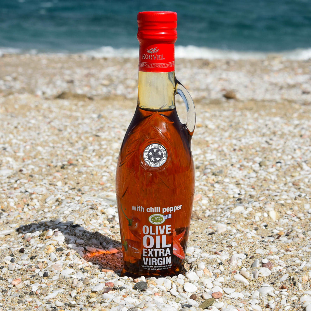 KORVEL Greek Extra Virgin Olive Oil with Chili Pepper - 8.45 fl oz (250ml) - 6 Pack