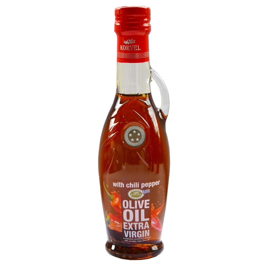 KORVEL Greek Extra Virgin Olive Oil with Chili Pepper - 8.45 fl oz (250ml) - 6 Pack