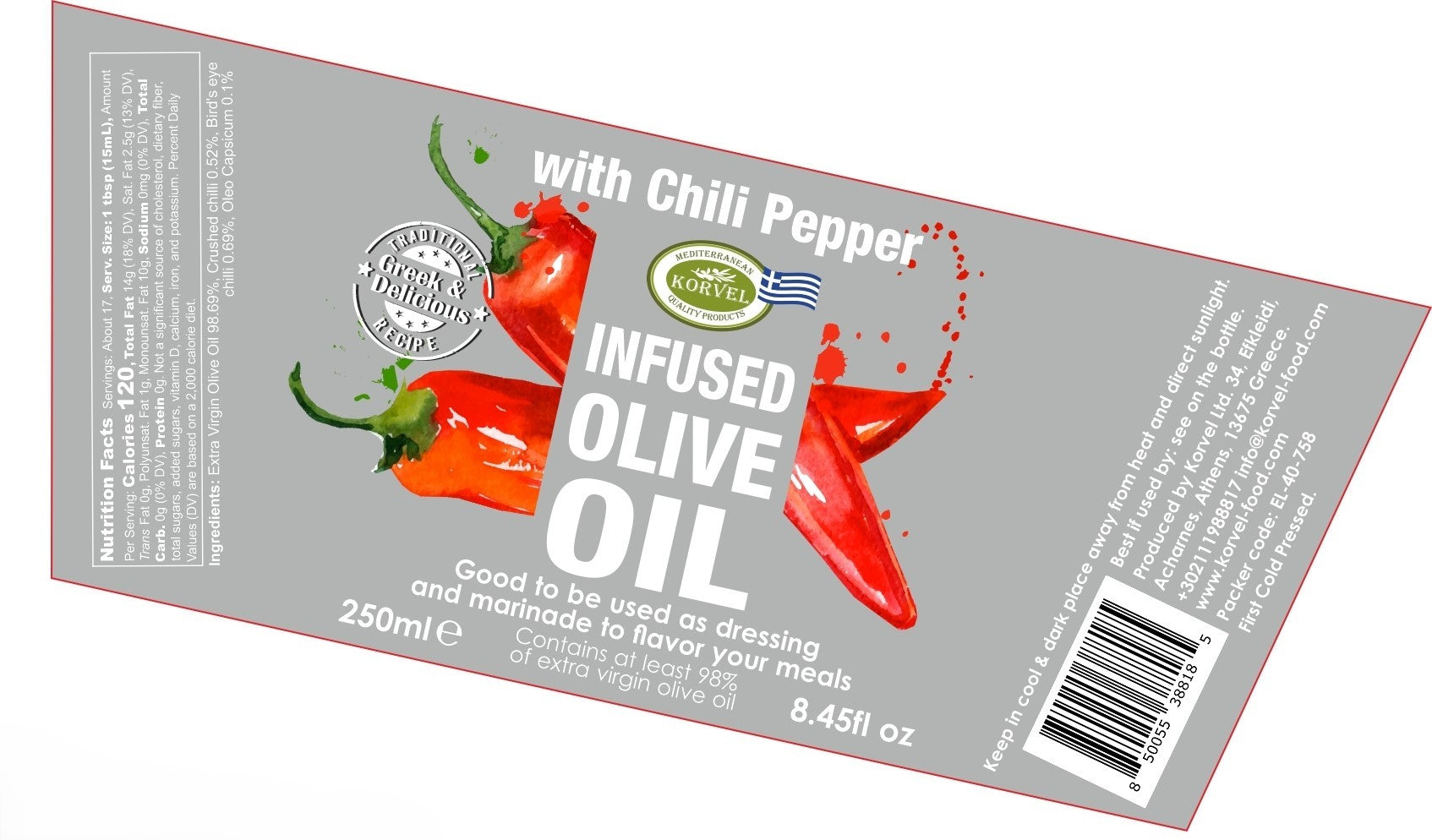 KORVEL Greek Extra Virgin Olive Oil with Chili Pepper - 8.45 fl oz (250ml) - 6 Pack
