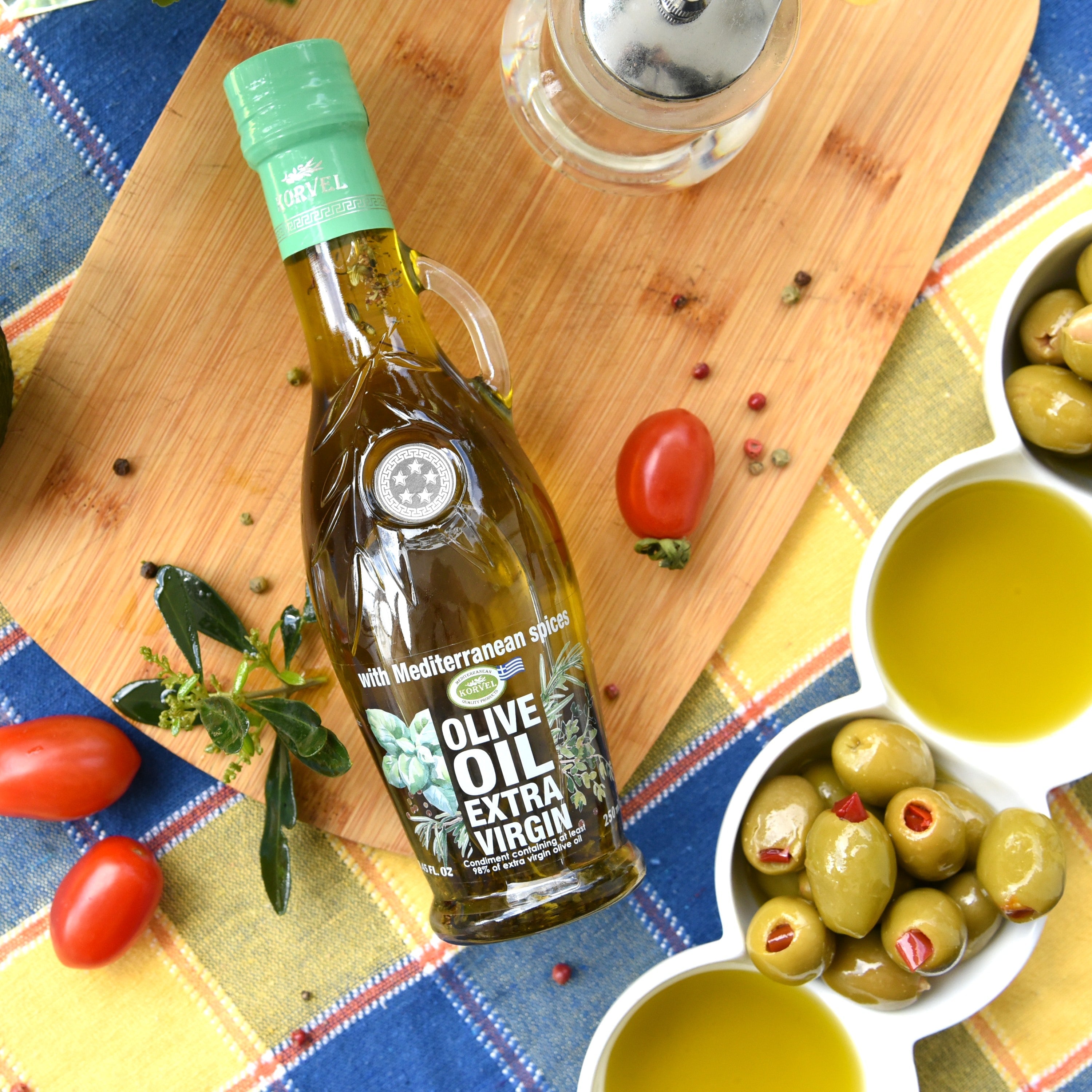 KORVEL Greek Olive Oil Set - 4 Flavors in Elegant Bottles