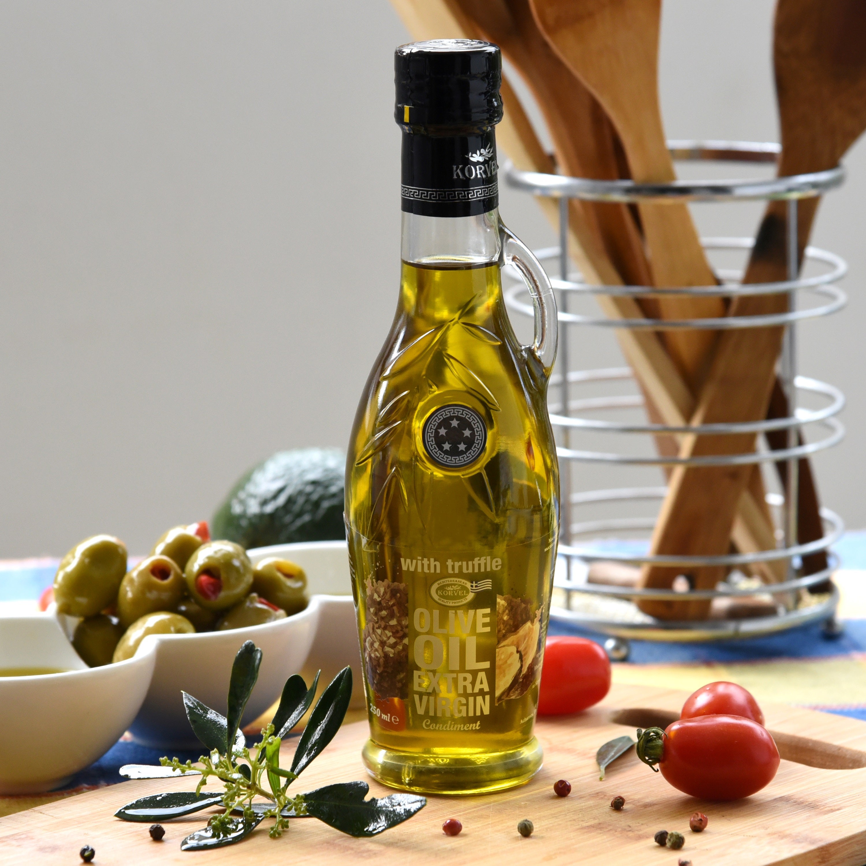 KORVEL Greek Olive Oil Set - 4 Flavors in Elegant Bottles