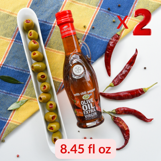 KORVEL Greek Extra Virgin Olive Oil with Chili Pepper - 2 Pack