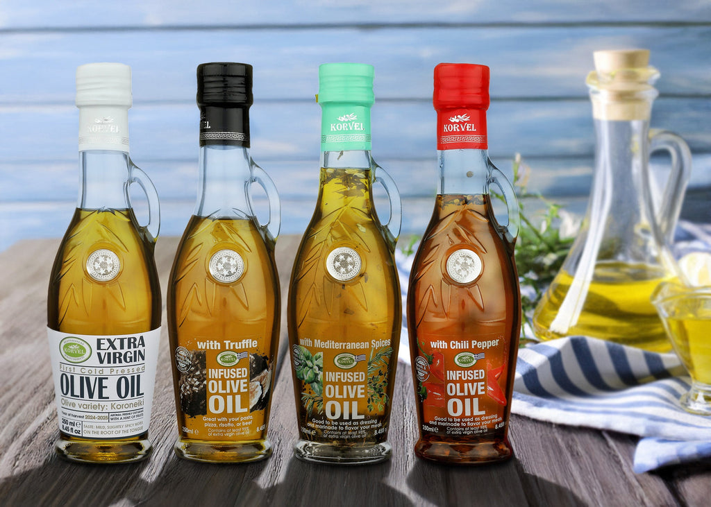 KORVEL Greek Olive Oil Set - 4 Flavors in Elegant Bottles