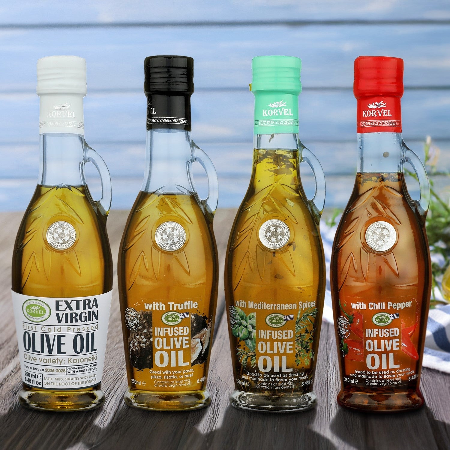 KORVEL Greek Olive Oil Set - 4 Flavors in Elegant Bottles